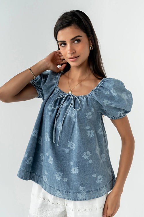 Consistently Confident Short Sleeve Print Denim Top