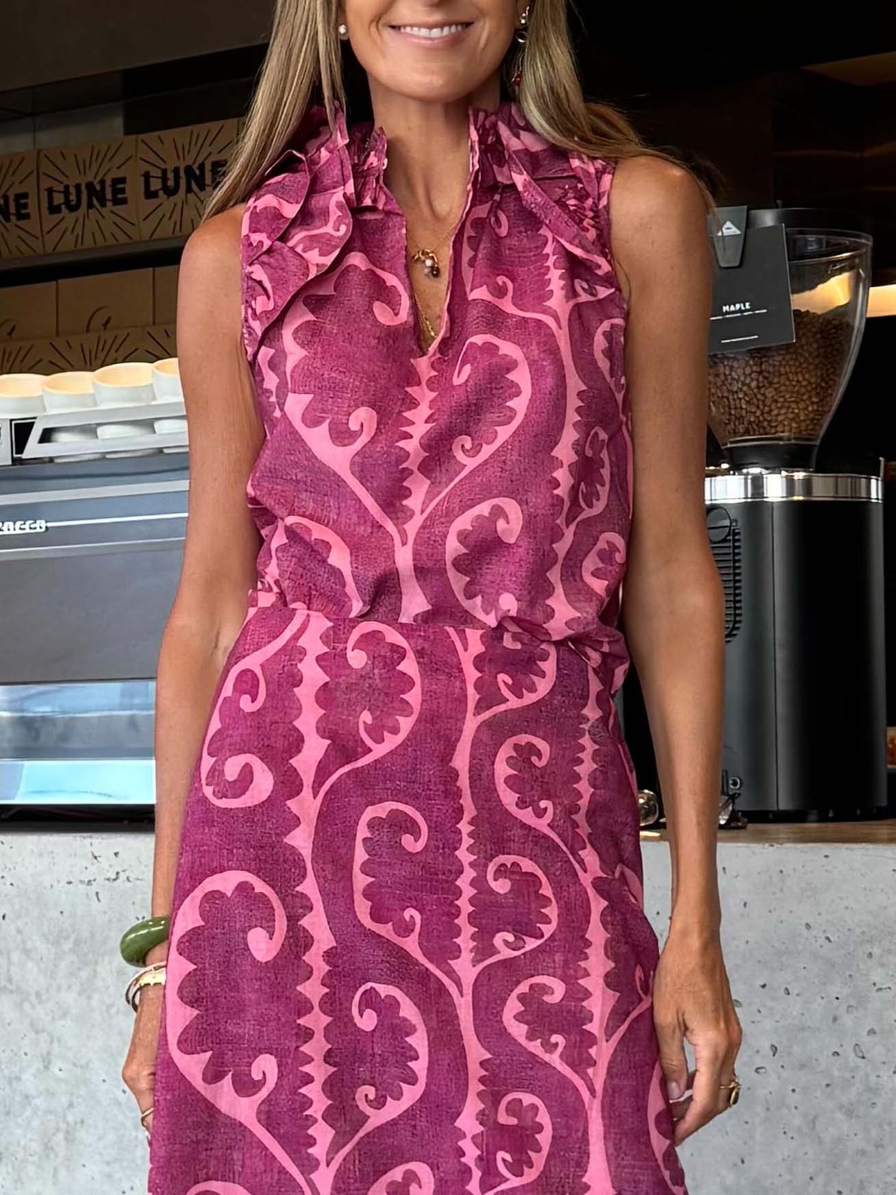 Elegant Ruffled High Neck Sleeveless Top Rose Red