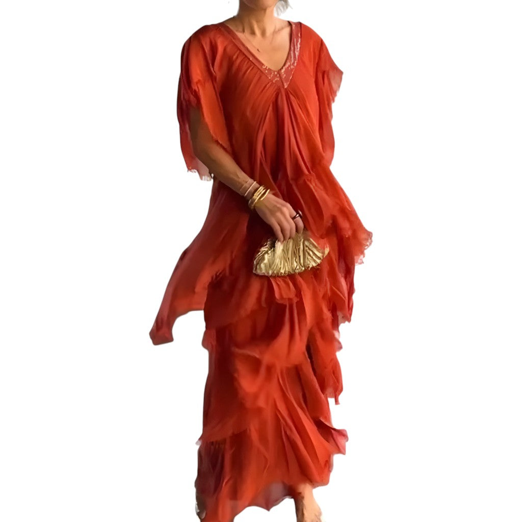 Sheila- Elegant pleated dress with V-neck