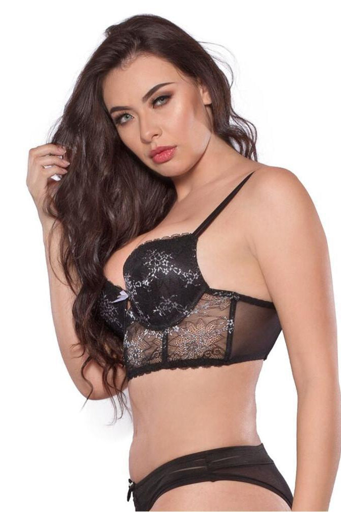 Ladies Sexy Black Cross Dyed Long Line Balconette Push Up Bra
