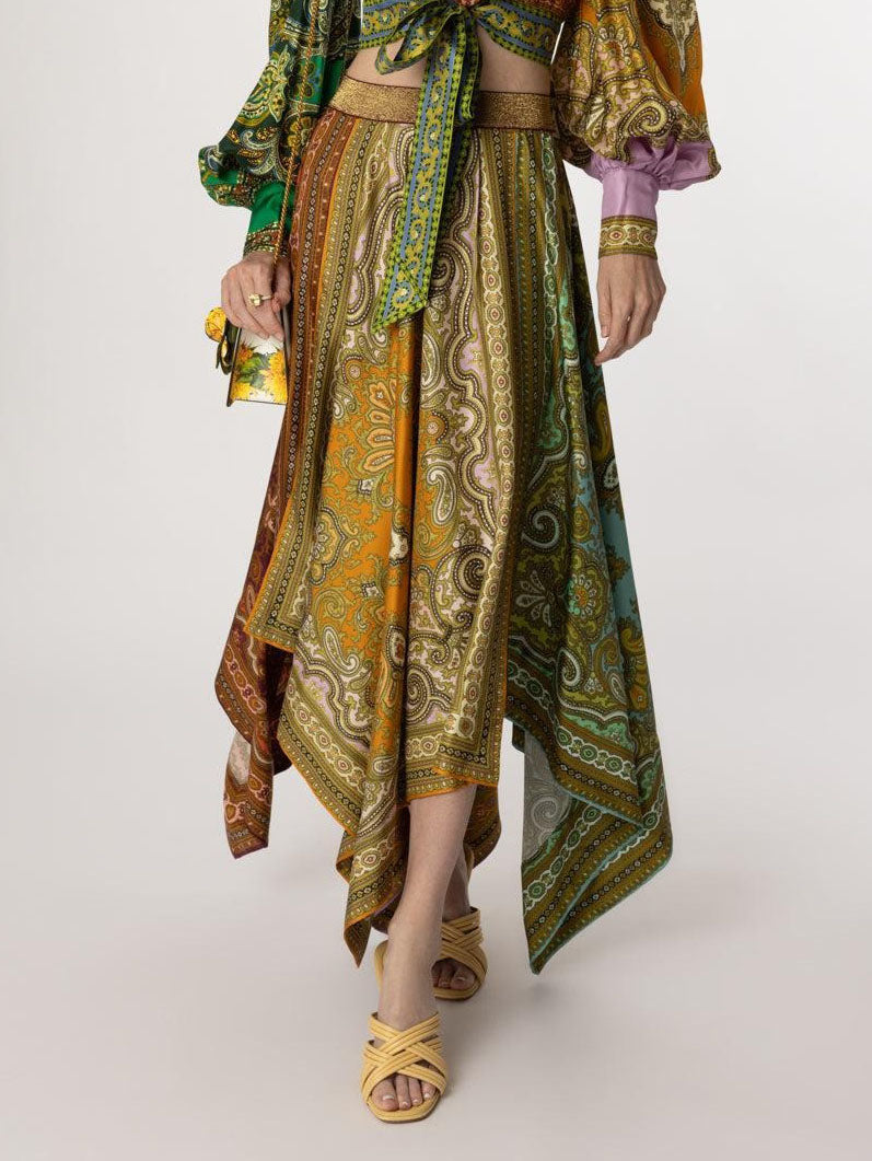 Exquisite Bohemian Paisley Print Satin Two-Piece Set Multi Skirt