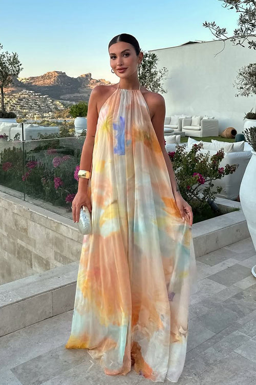 Vaivah Backless Print Chiffon Maxi Dress
