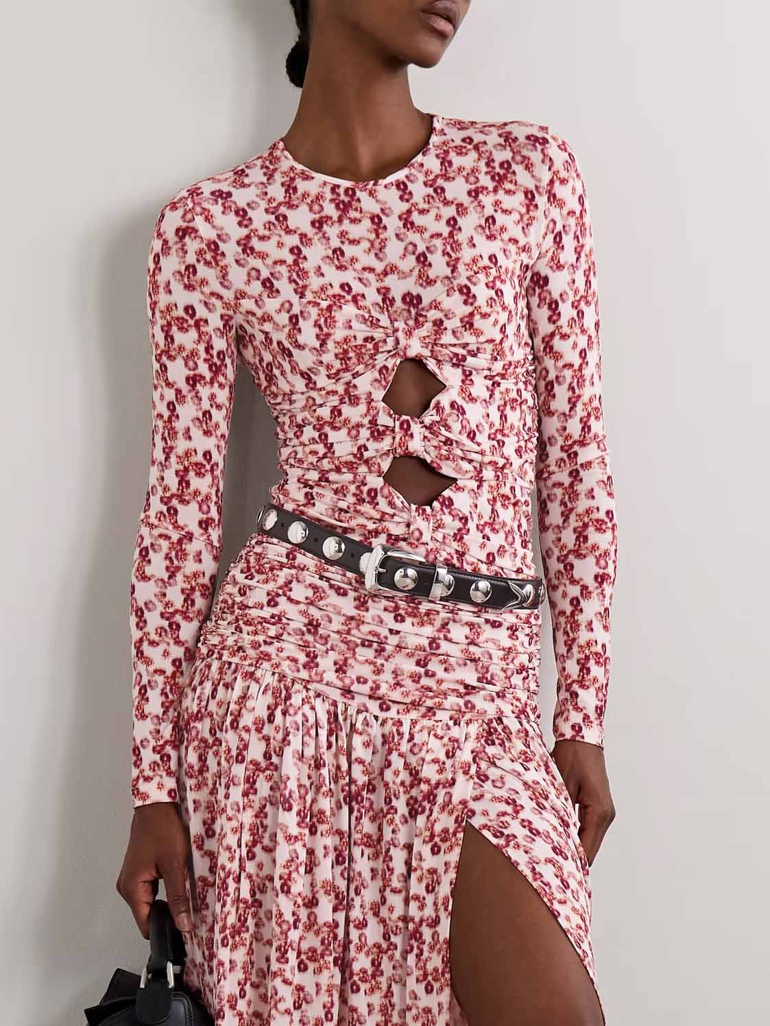 Exquisite Pleated Openwork Floral Print Stretch Knit T-shirt Red