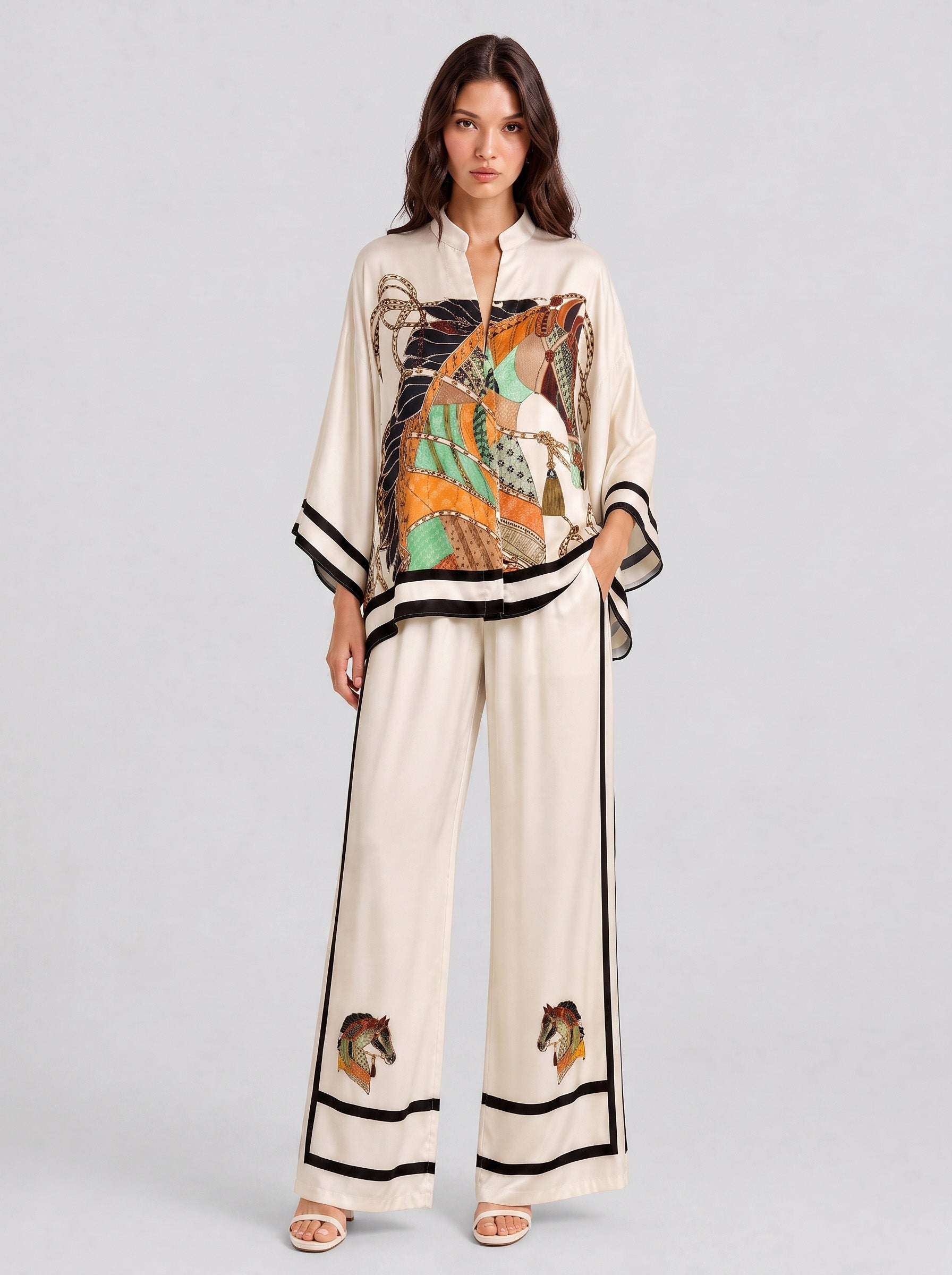 V-Neck Horse Pattern Satin Suit Pants Two-Piece Set Ivory