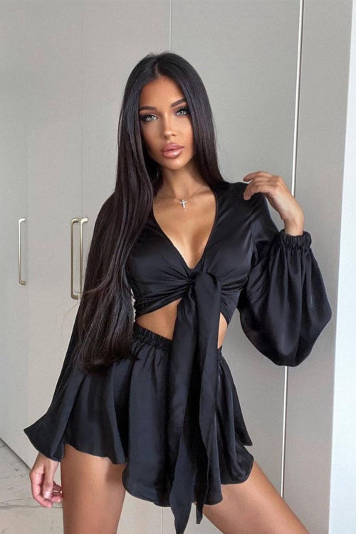 In Your Dreams Tied-Up Long Sleeve Suit - 5 Colors Black