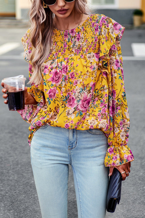 By The Garden Floral Print Long Sleeve Smocked Top - 6 Colors Yellow