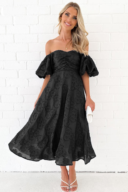 Classic Elegance Puff Sleeve Floral Embroidery Midi Dress - 3 Colors Black