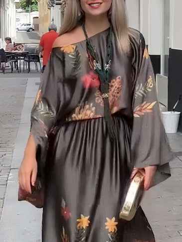 Exquisite Floral-Print Satin Slit Skirt Brown Top