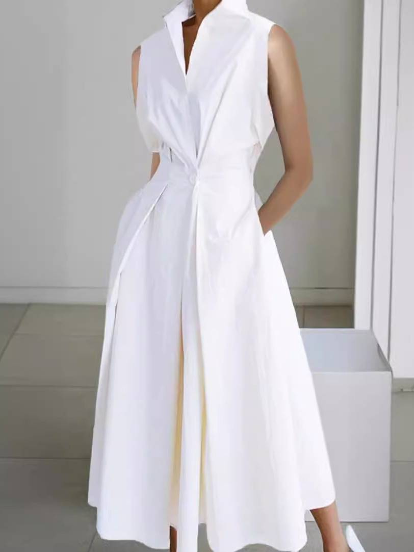 Vertical Collar V-neck A- Shaped Dress White