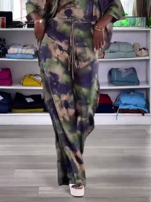 Printed Lace-up Shirt And Wide Leg Pants Suit-Pants Printed