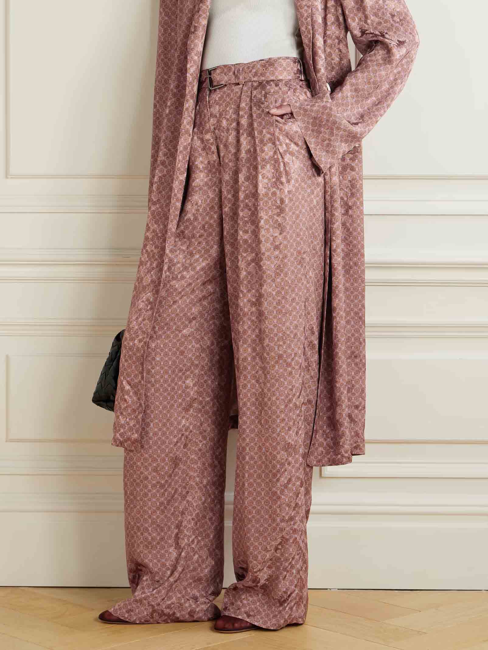 Retro Exquisite Geometric Print High Waist Tie Wide Leg Pants Dark Camel