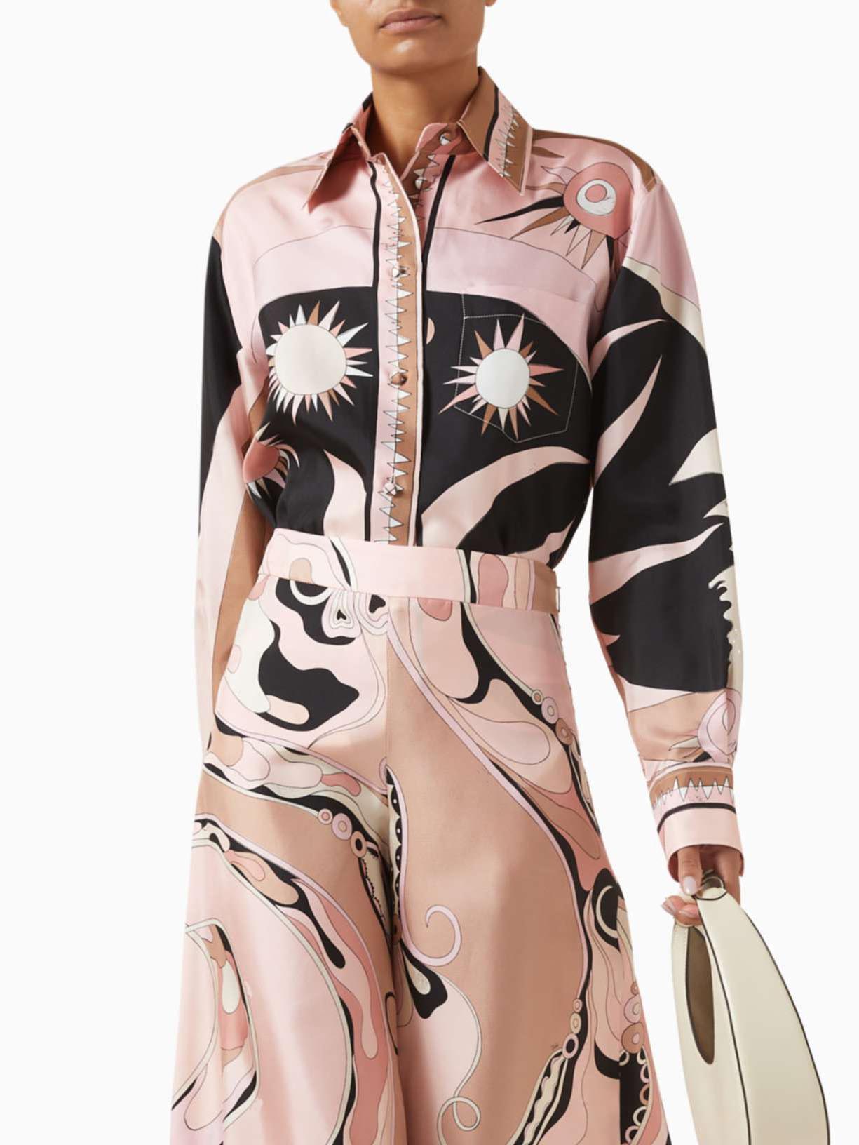 Unique Abstract Floral Print Long-sleeved Shirt Pink