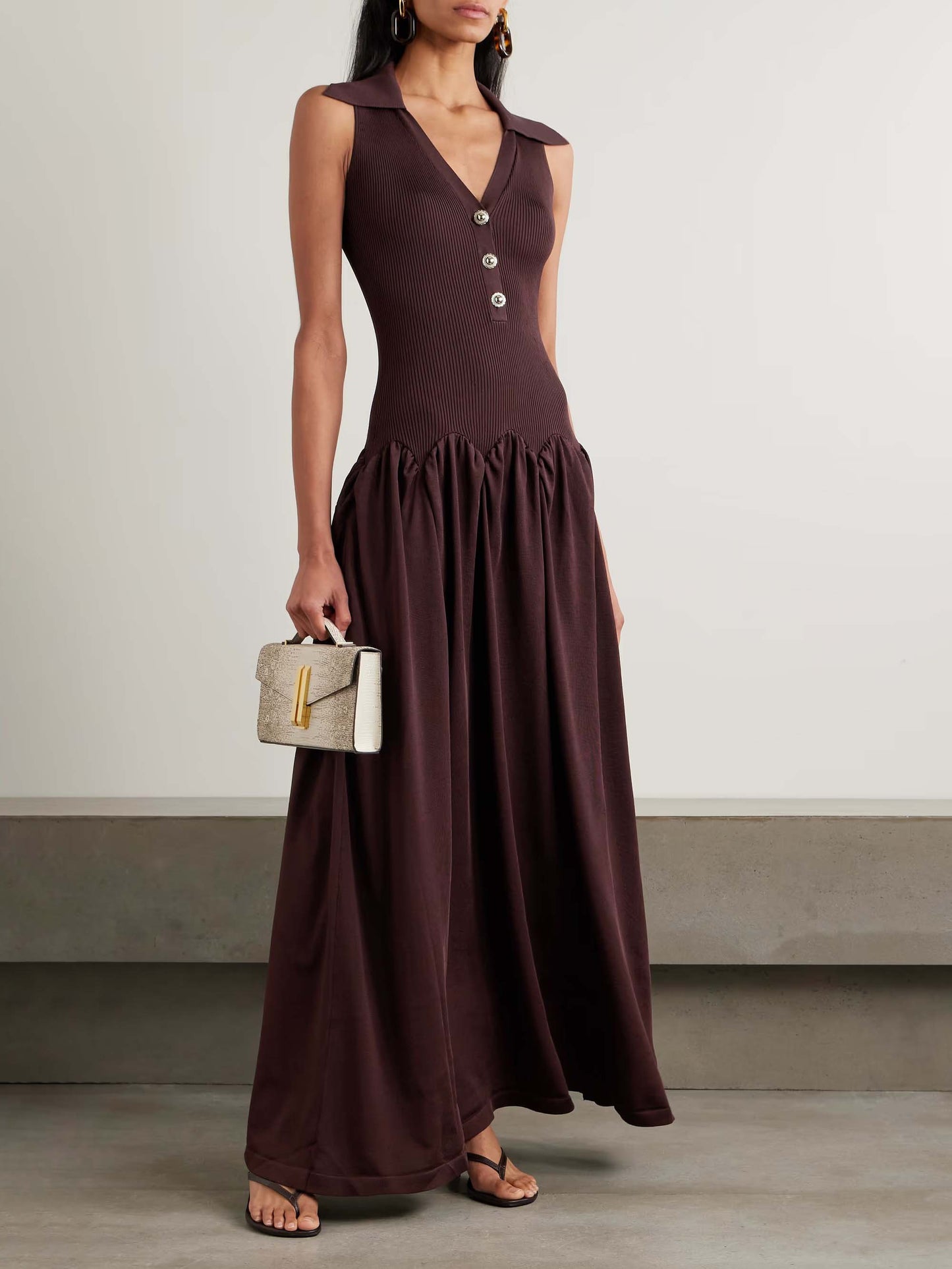 Fashion Knitted Corset Patchwork A-line Pleated Maxi Dress Brown