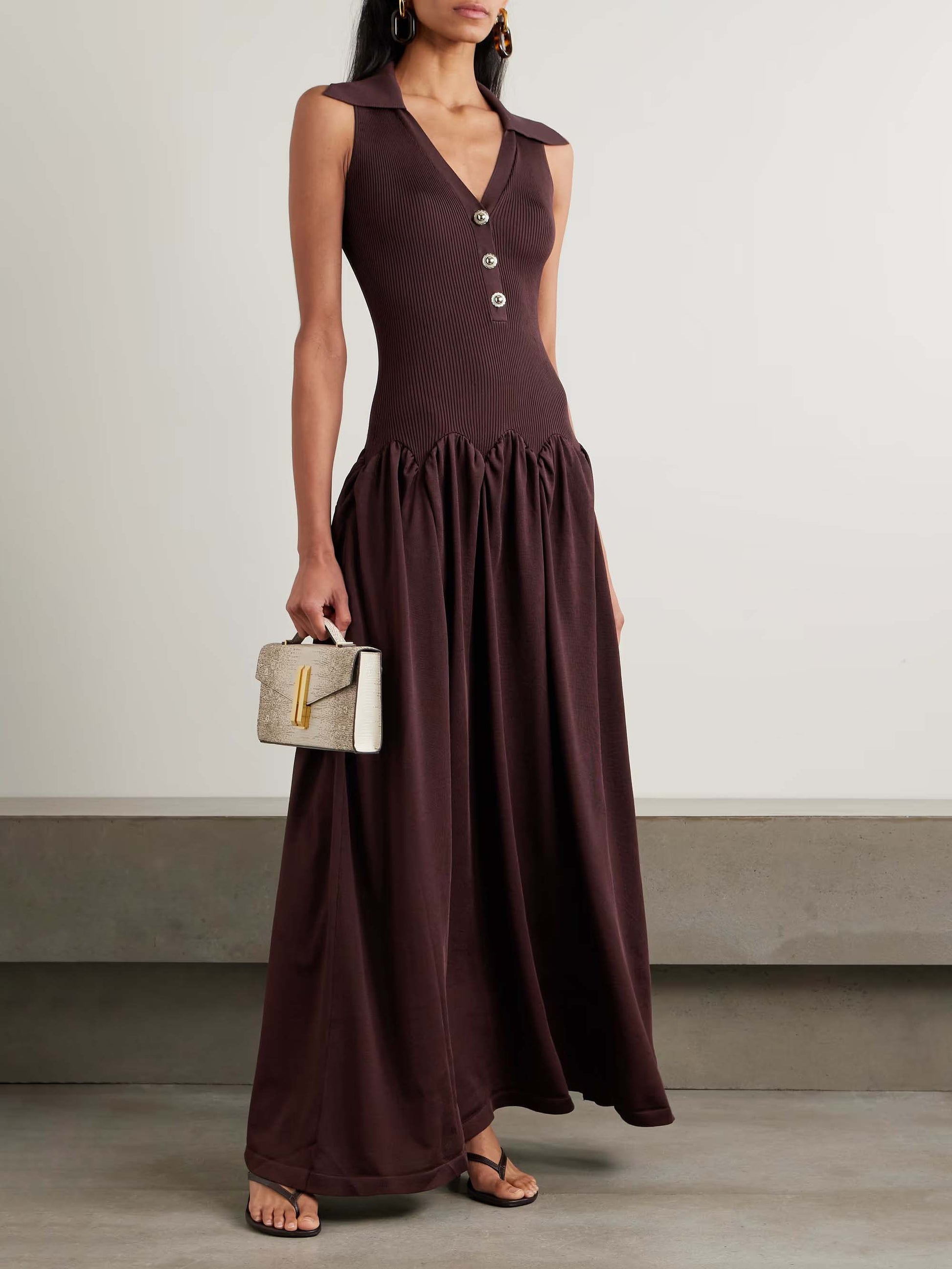 Fashion Knitted Corset Patchwork A-line Pleated Maxi Dress Brown