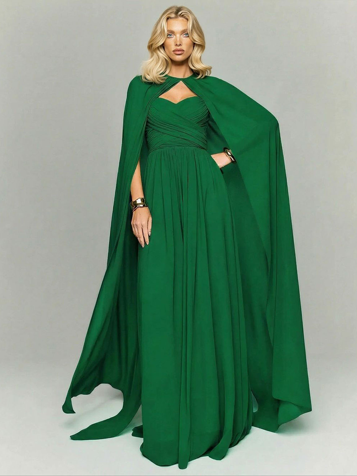 Elegant Strapless Ruched Maxi Dress With Flowing Cape Green