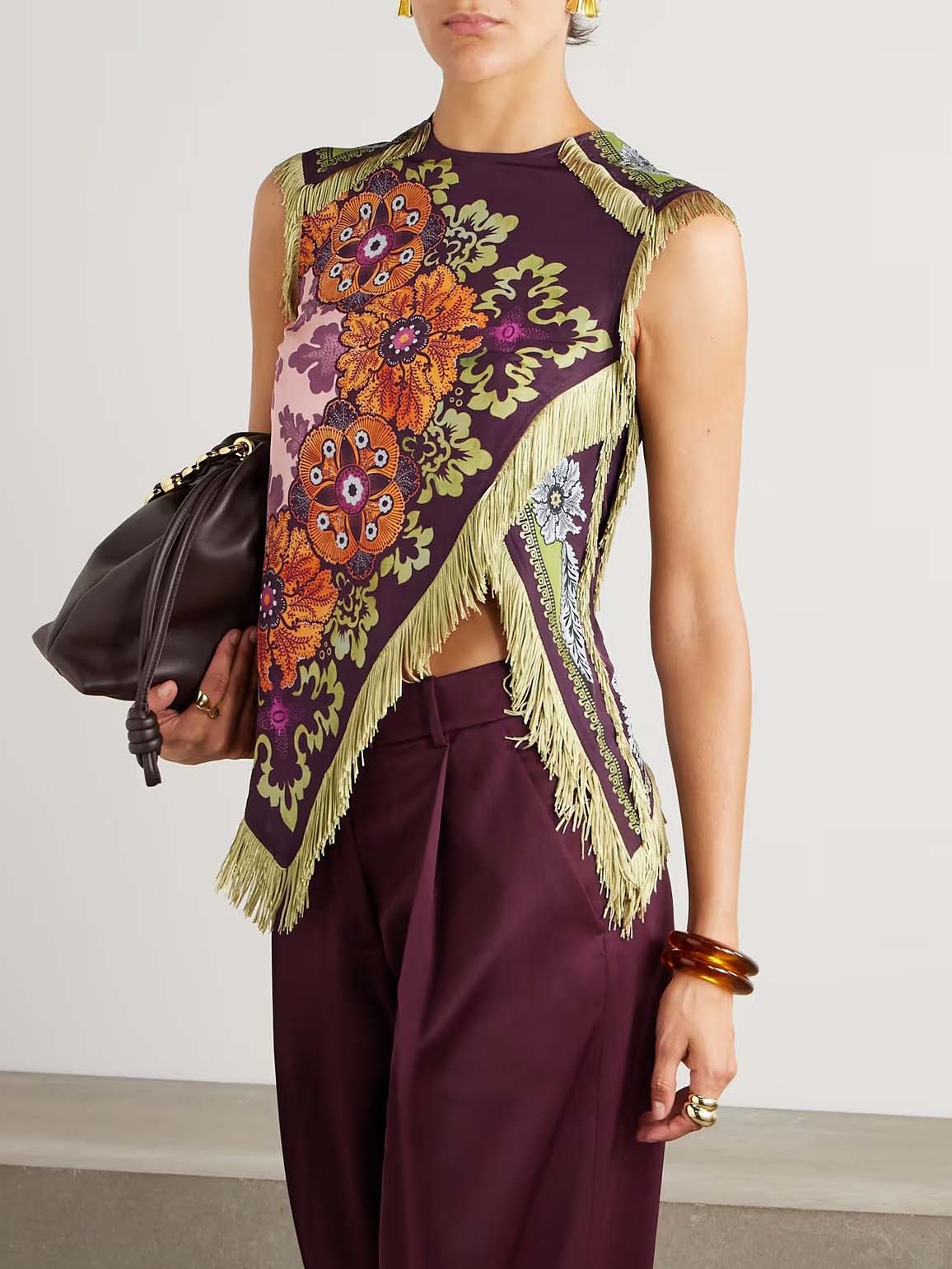 Unique Vintage Floral Print Tassel Tank Top Deep Red