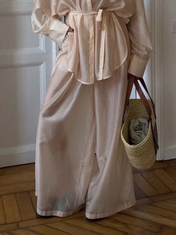 Elegant Sheer Wide-Leg Pants Apricot