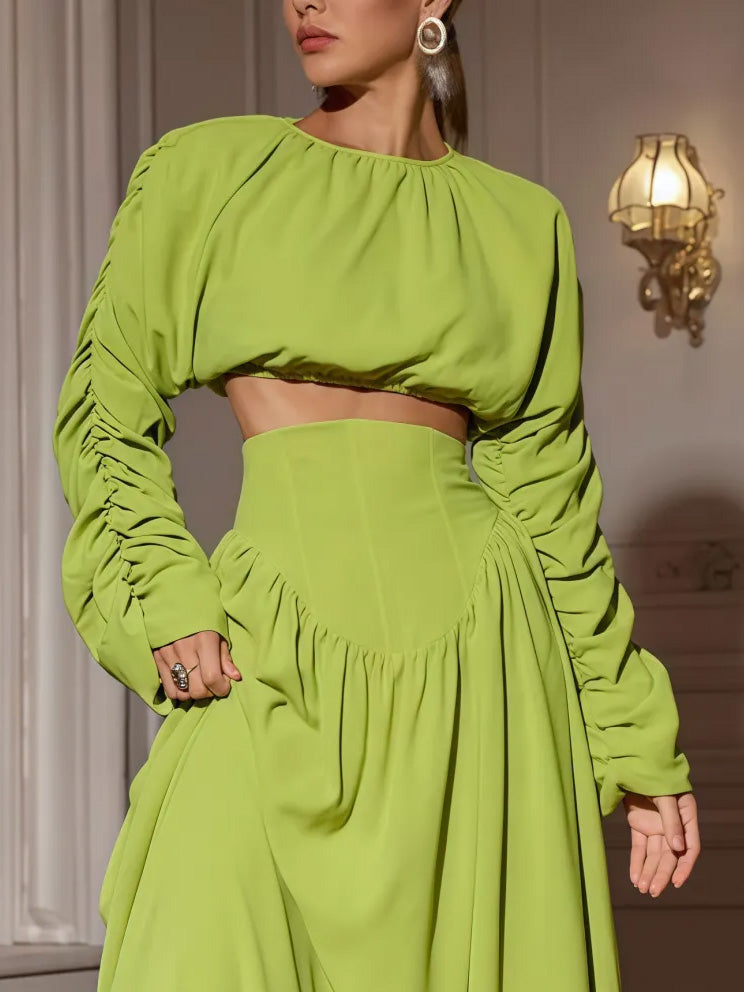 Elegant Pleated Long-Sleeved Cropped Shirt Green
