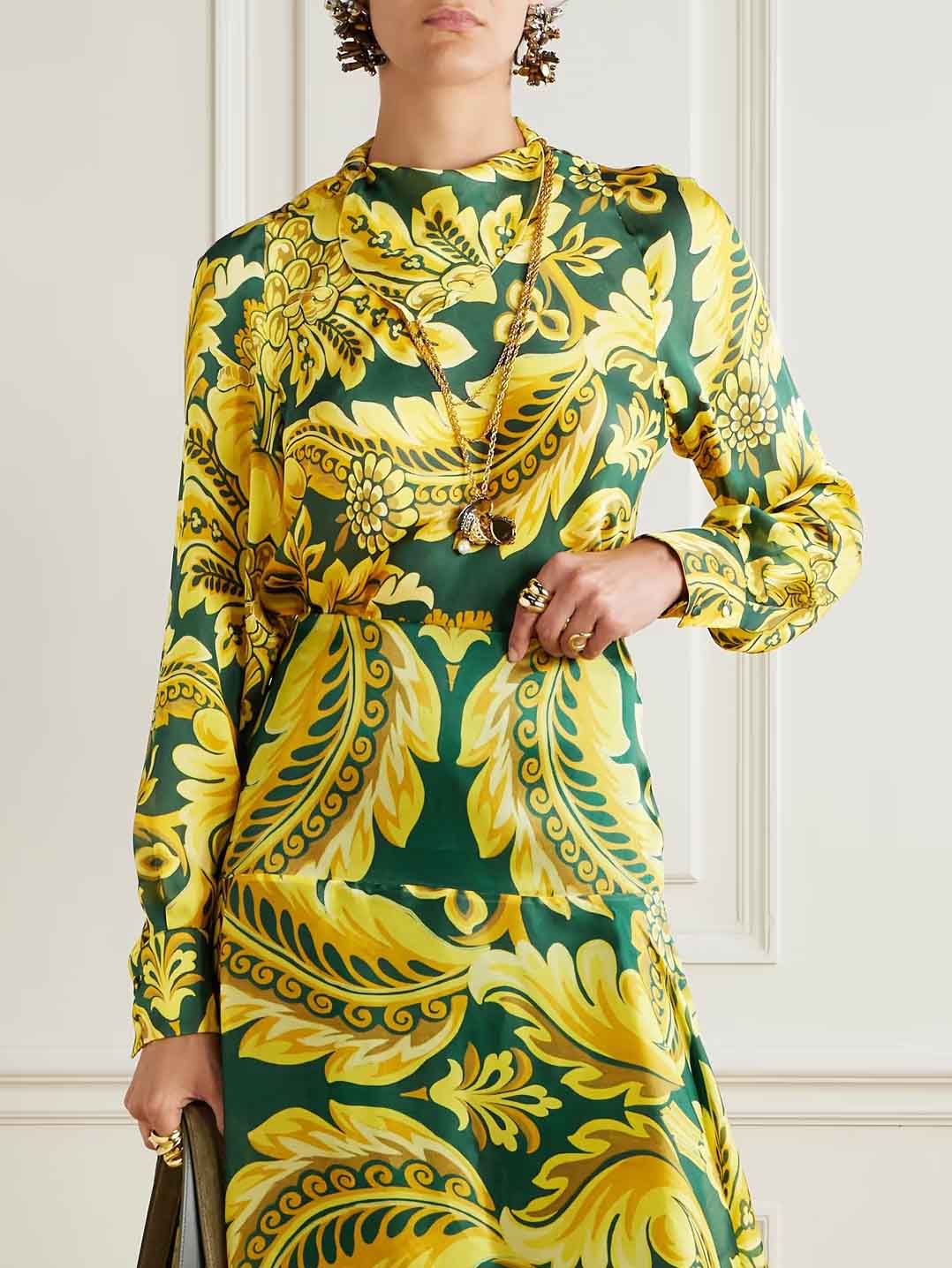 Exquisite Acanthus Leaf Floral Print Shirt Green & Yellow