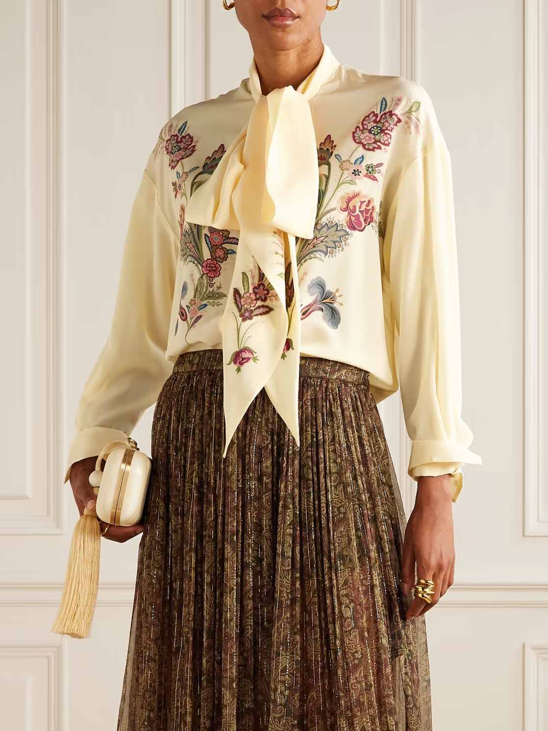 Retro Bow Neckline Floral Print Chiffon Shirt Cream