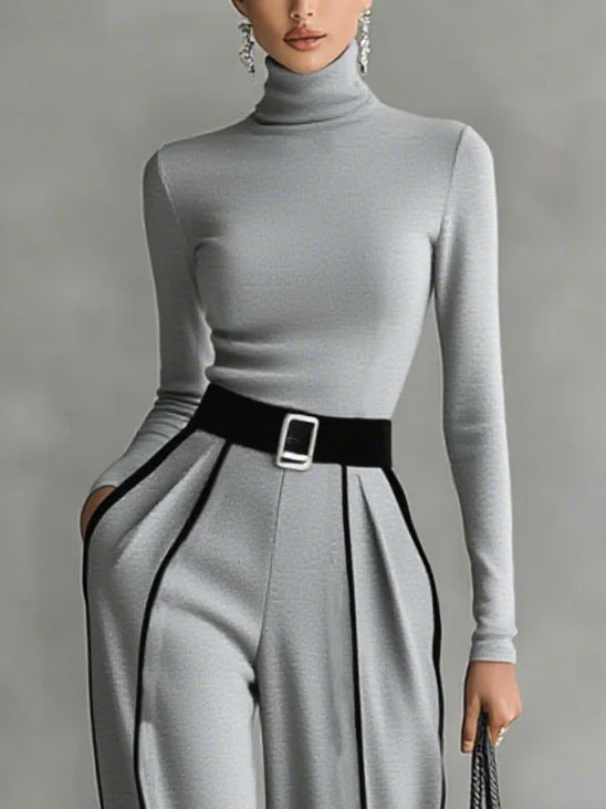 Elegant High Neck Slim Fit Long Sleeve Top Gray