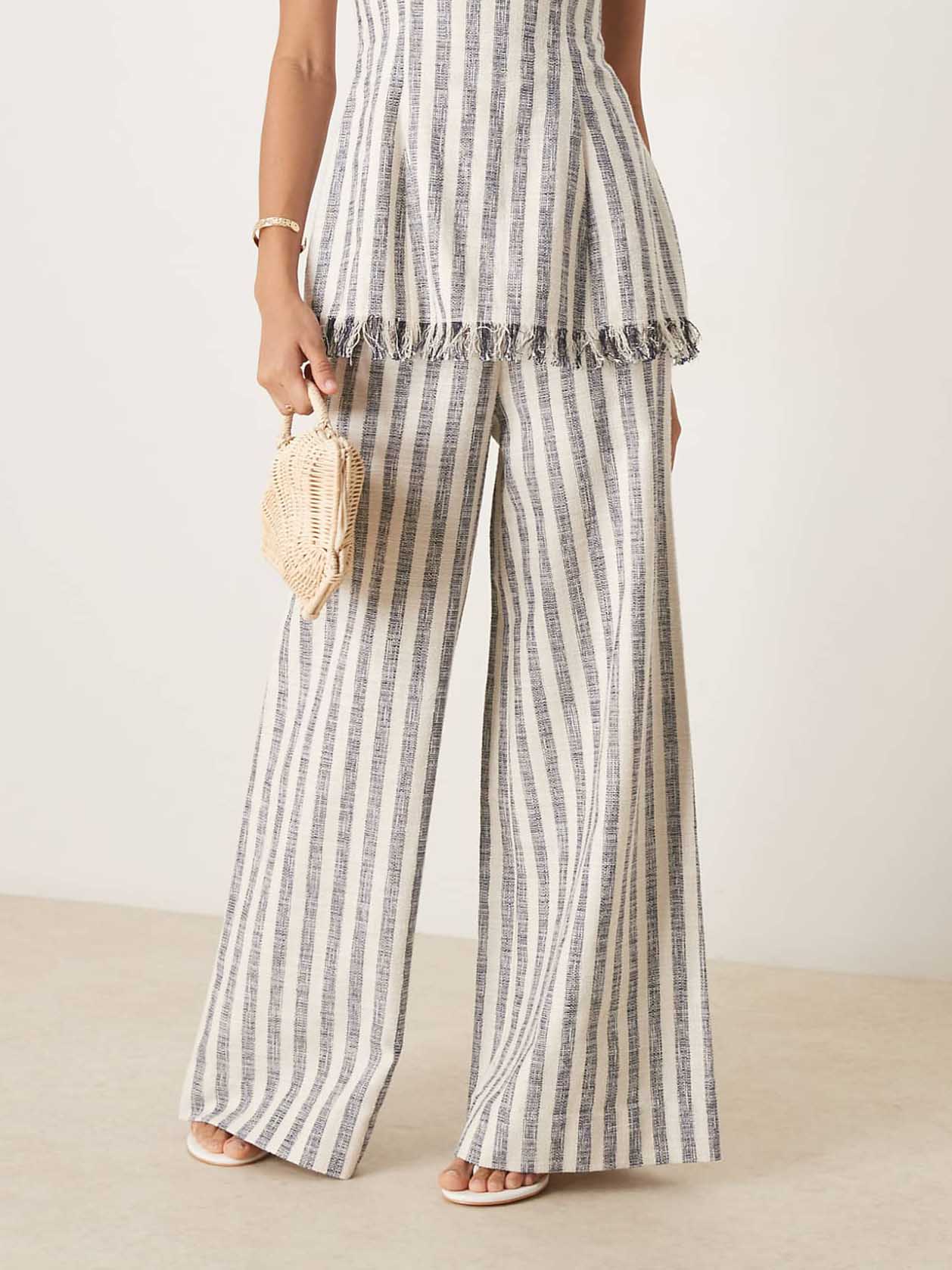 Casual Contrast Color Vertical Stripe High-Waist Wide-Leg Pants Black