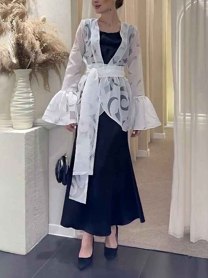 Elegant Ruffled Organza Cardigan & Black Maxi Dress Two-Piece Set White