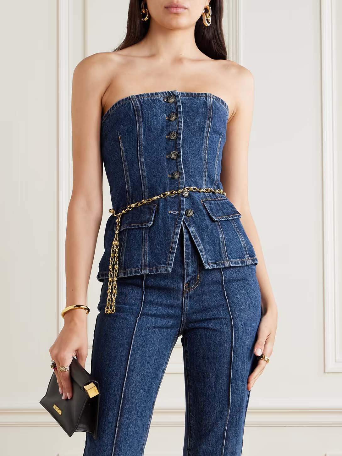 Chic Strapless Button-Up Denim Corset Top Blue