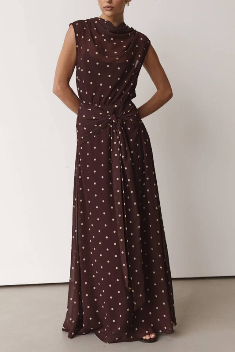 Swing Collar Sleeveless Polar Dot Tight Waist Long Dress