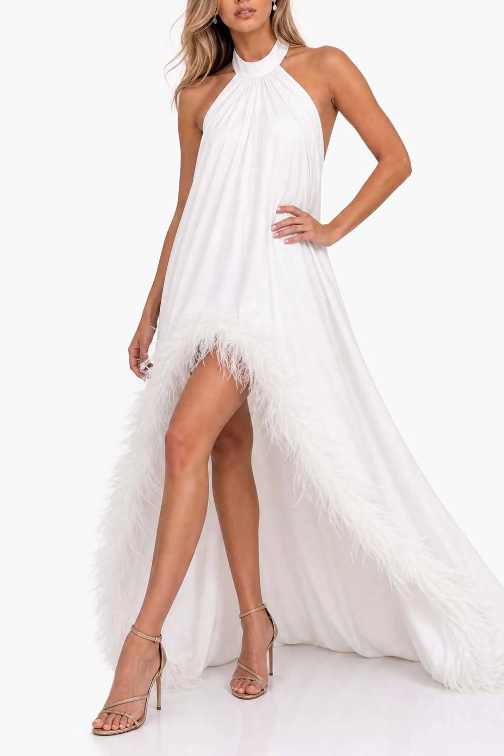 Halter-neck Feather-trimmed High-slit Long Evening Gown White
