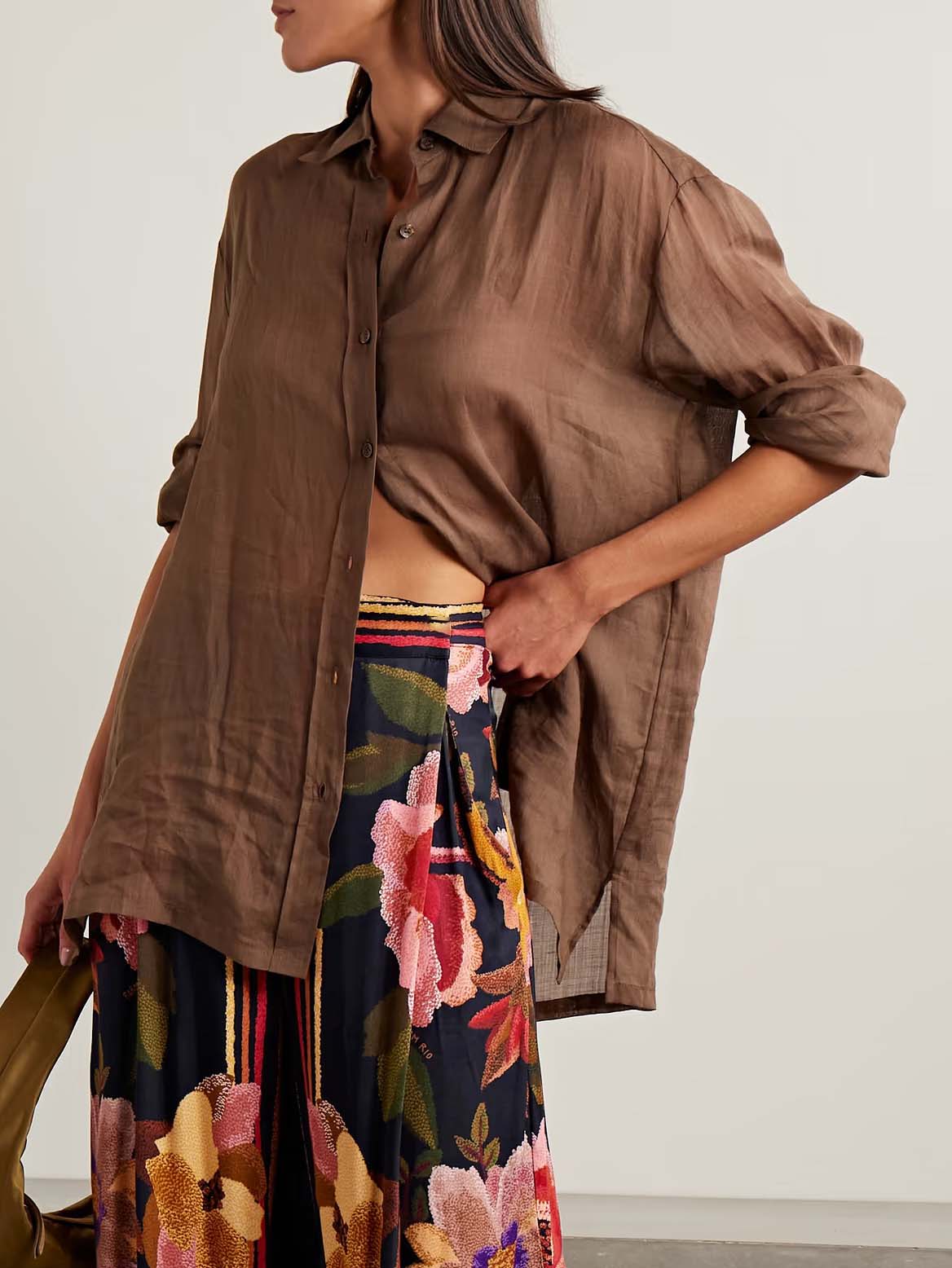 Exquisite Long-sleeved Slightly Sheer Shirt Brown