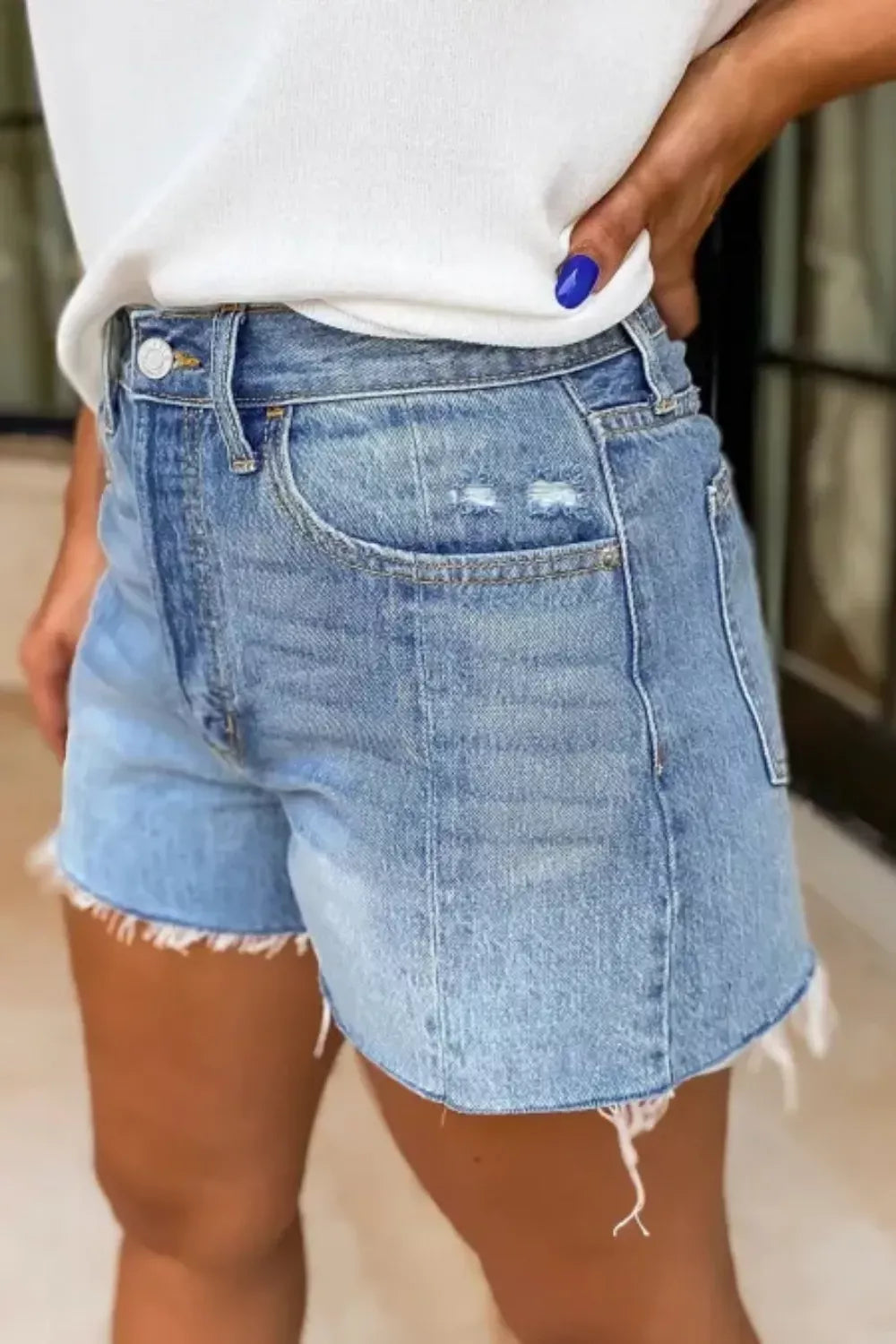 High Waisted Denim Shorts Frayed Hem