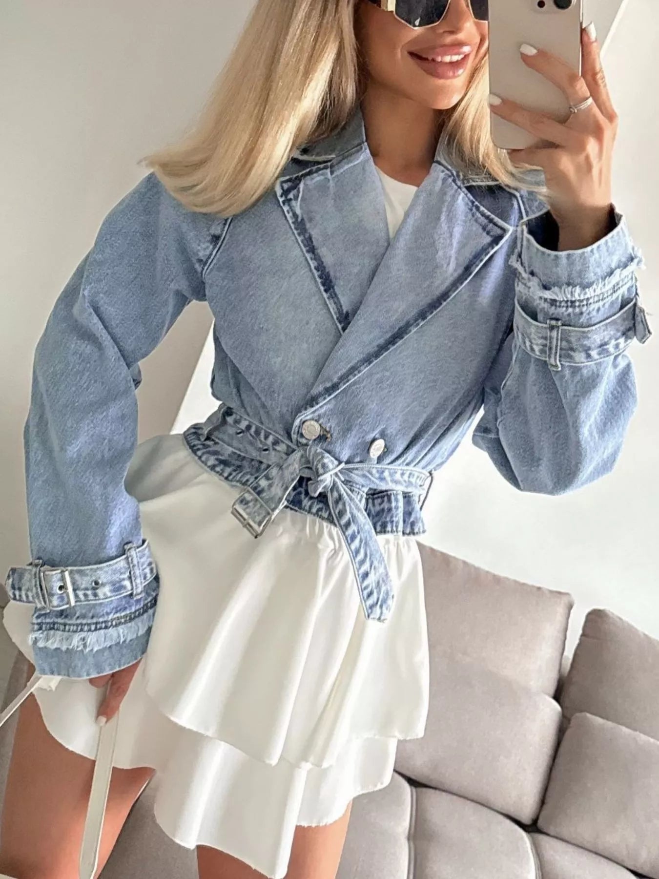 Y2K Blazer Like Moto Long Sleeve Crop Denim Jacket