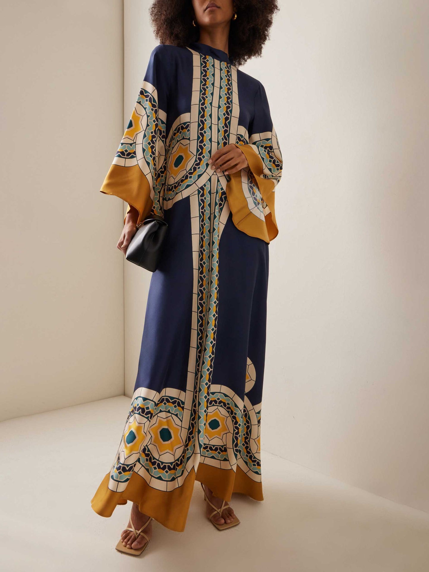 Elegant Vintage Art Print Maxi Dress Navy blue