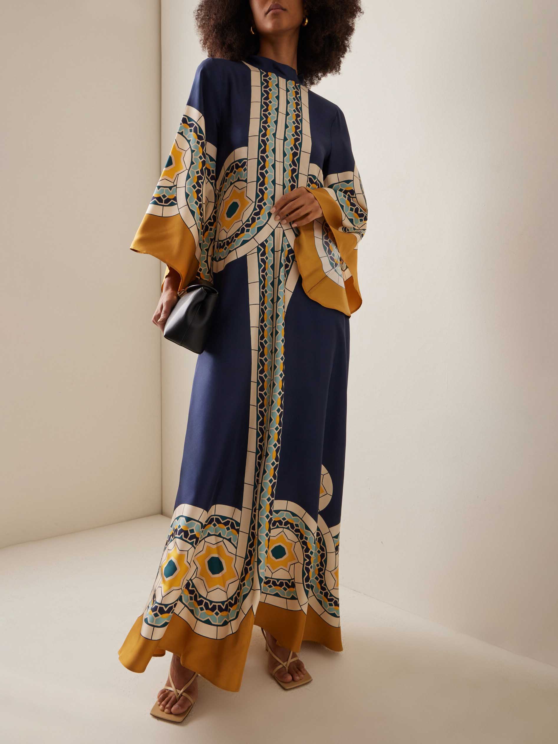 Elegant Vintage Art Print Maxi Dress Navy blue