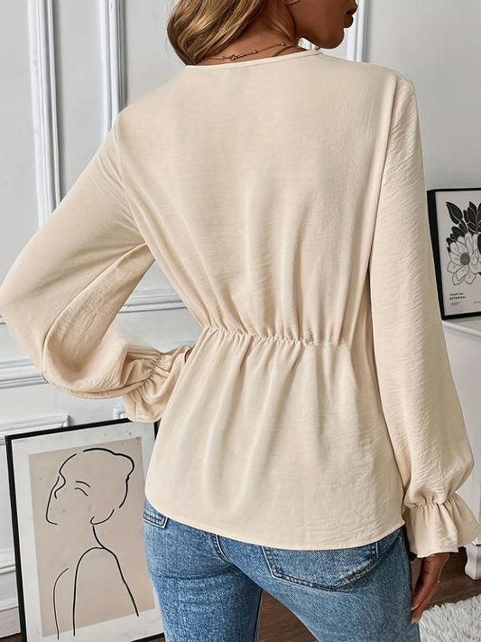 Cream Flounce Long Sleeve Blouse with Front Tie