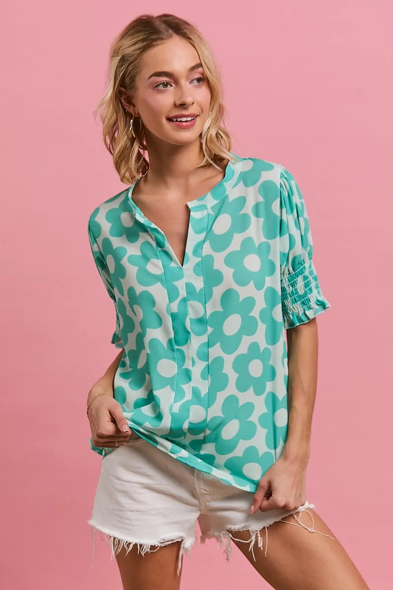 BiBi Flower Printed Woven Smocking Sleeves V Neck Top