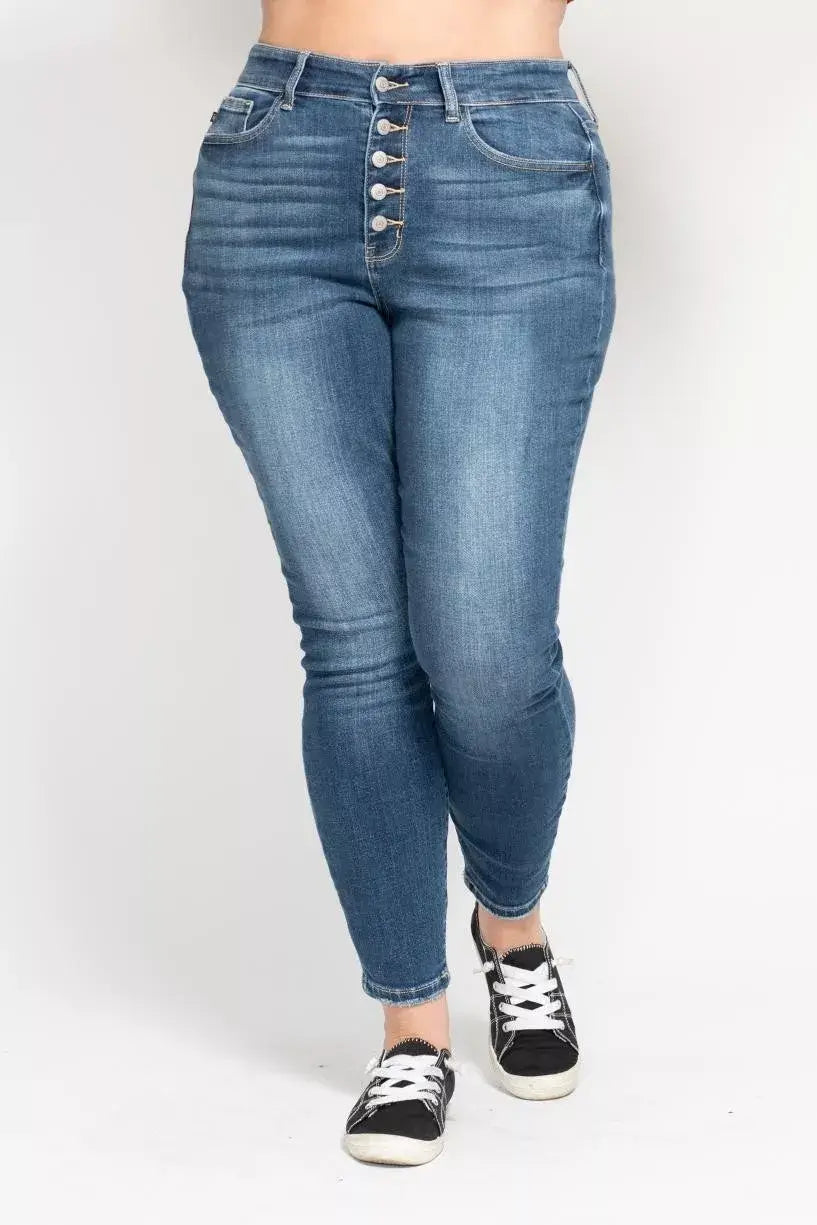 Dusty Dark Blue Full Size High Rise Button Fly Skinny Jeans Plus Size
