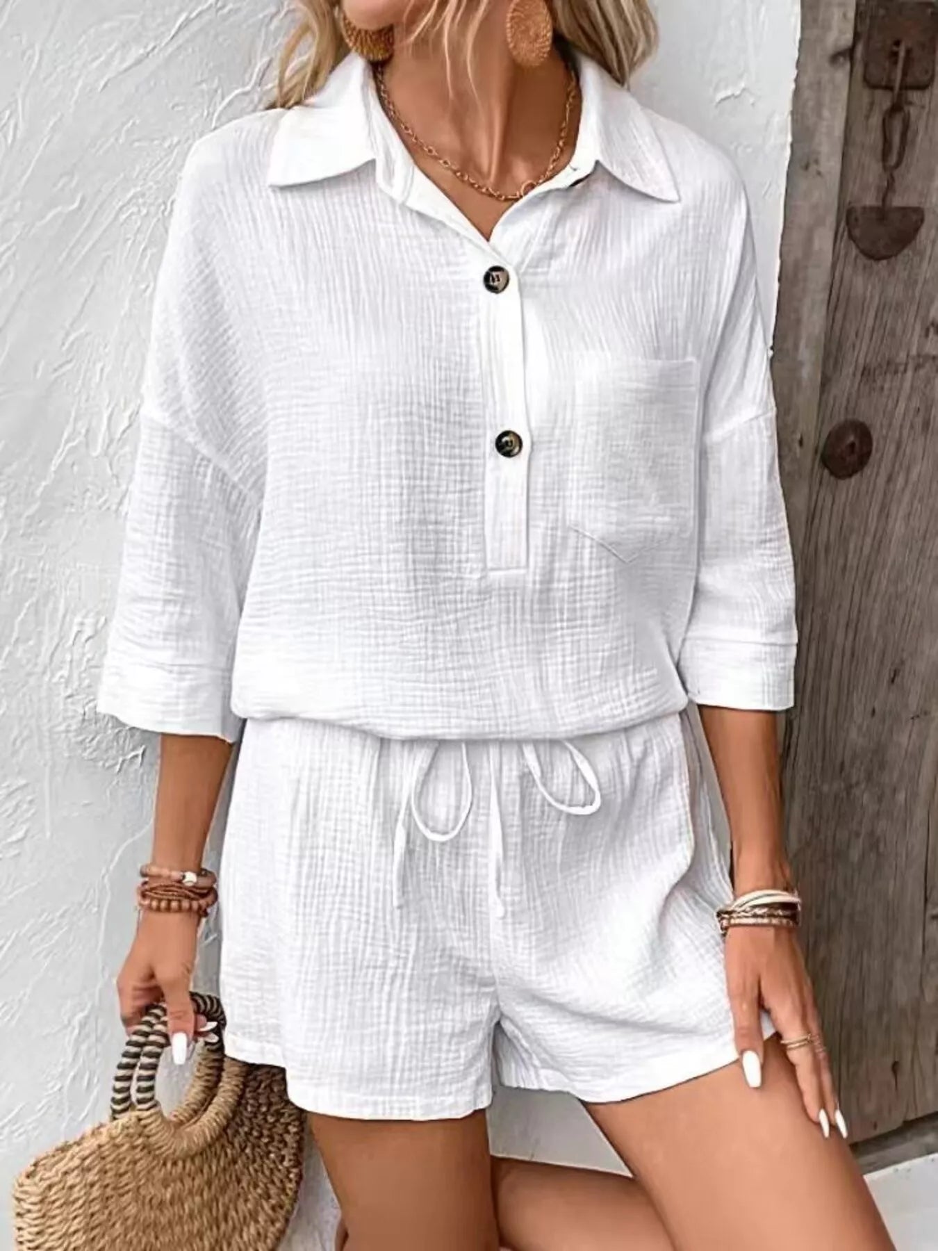 Button Detail Top and Shorts Set