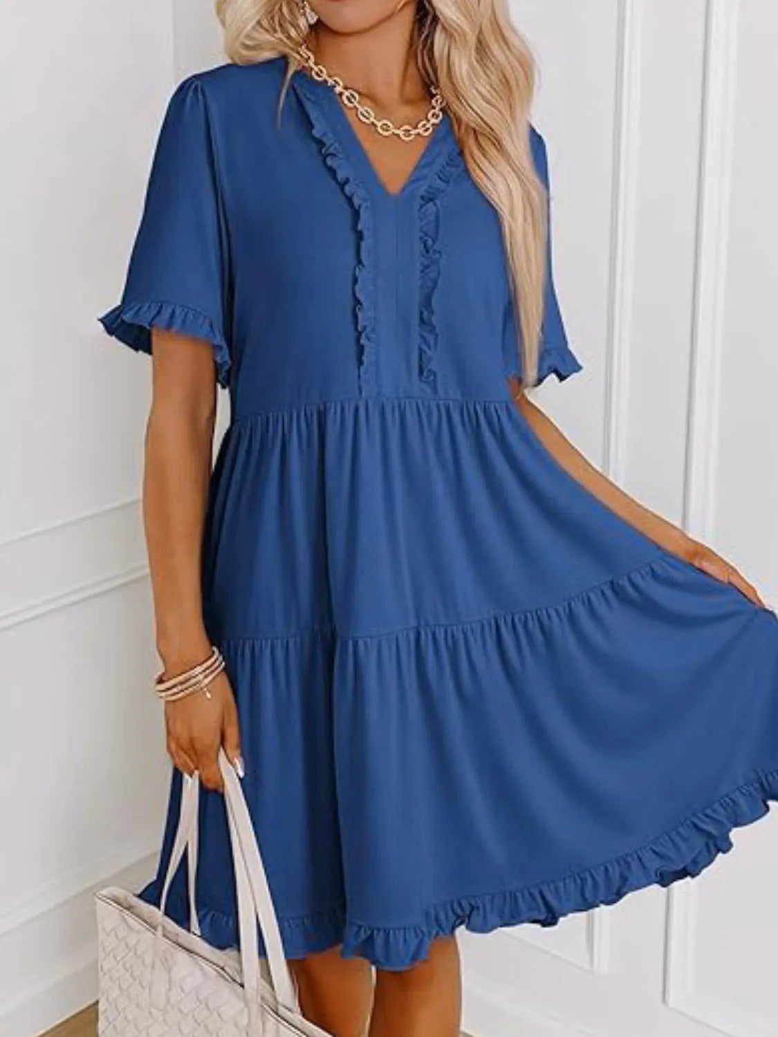 Tiered Notched Short Sleeve Mini Dress