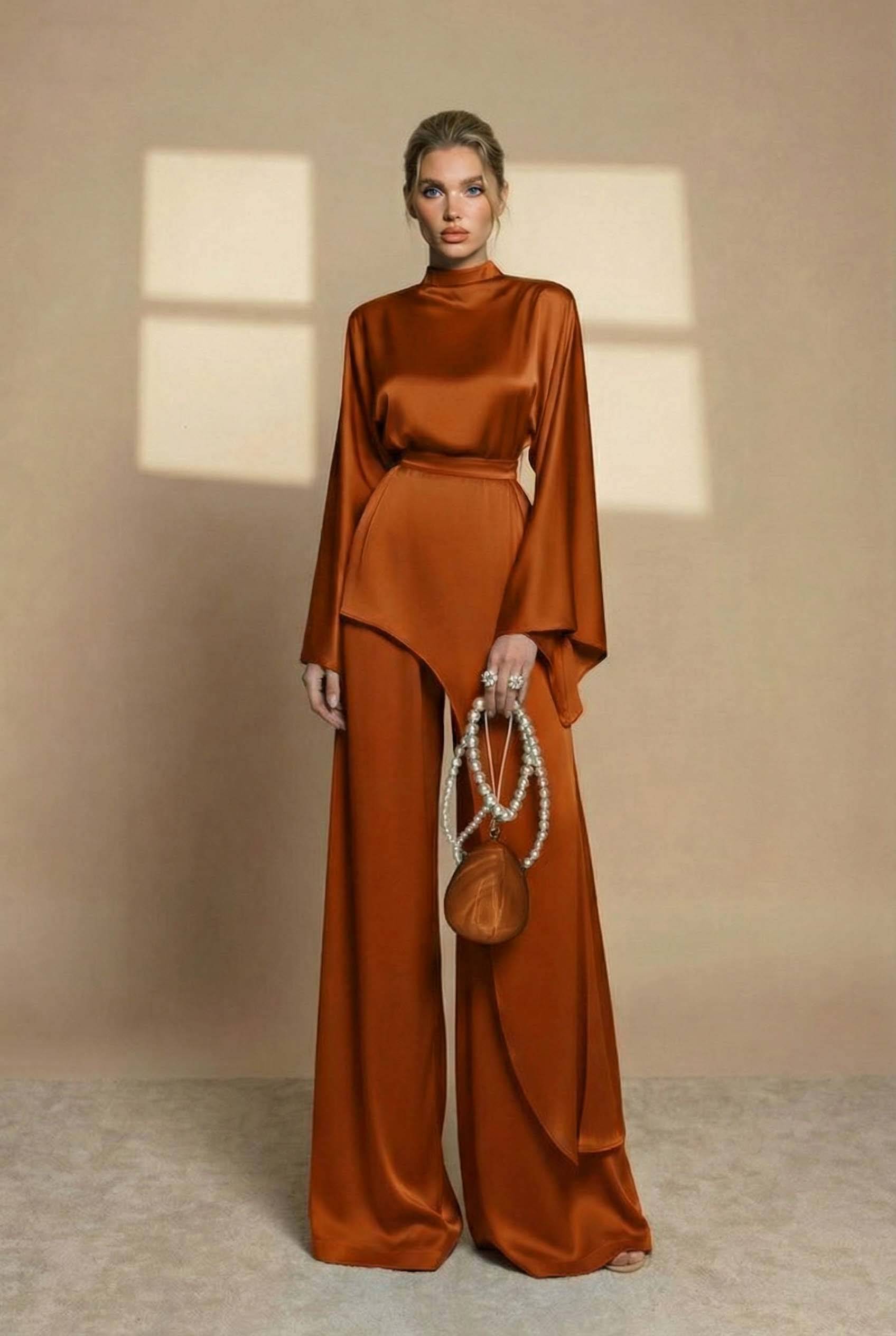 Irregular Shirt And Wide Leg Pants Set Brown