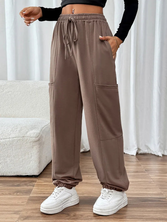 Taupe Jogger Pants – Tie Waist, Handy Pockets
