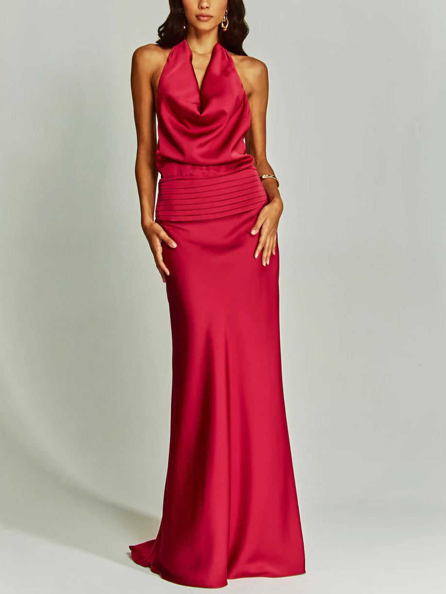 Elegant Chic Halter Neck Satin Party Maxi Dress Red