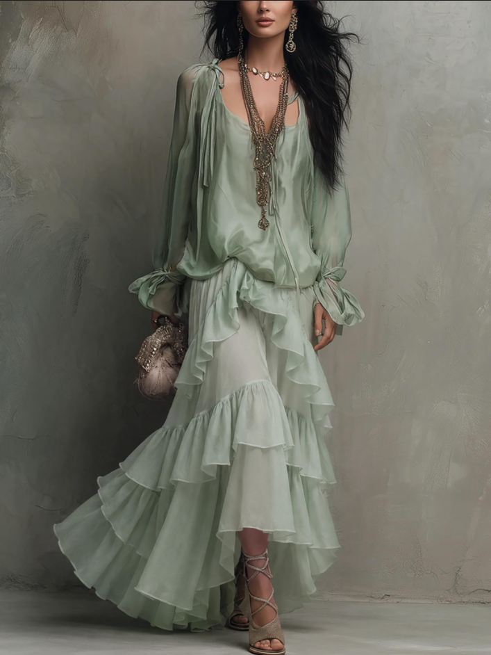 Perspective Chiffon Lace-Up Long-Sleeve Top Multi-Layer Ruffled Long Skirt Holiday Suit