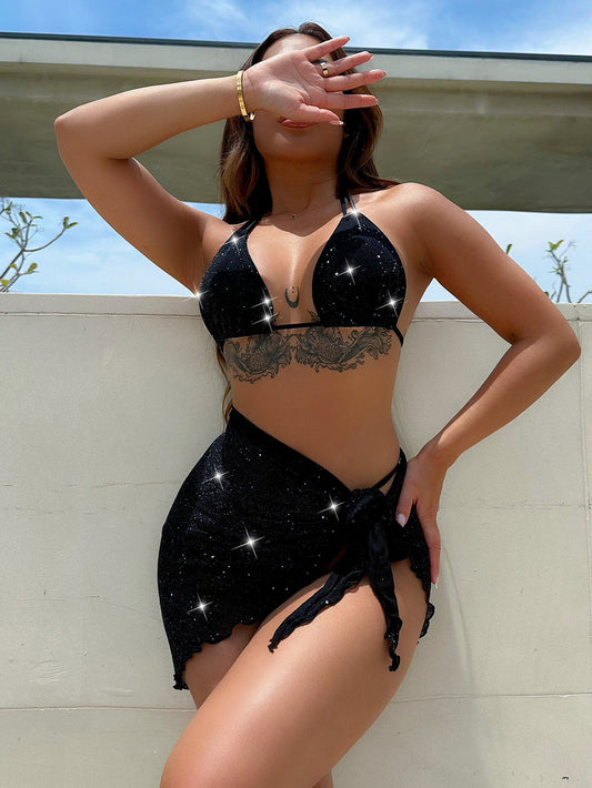 Glitter Halter Neck Backless Three-Piece Swim Set Black S