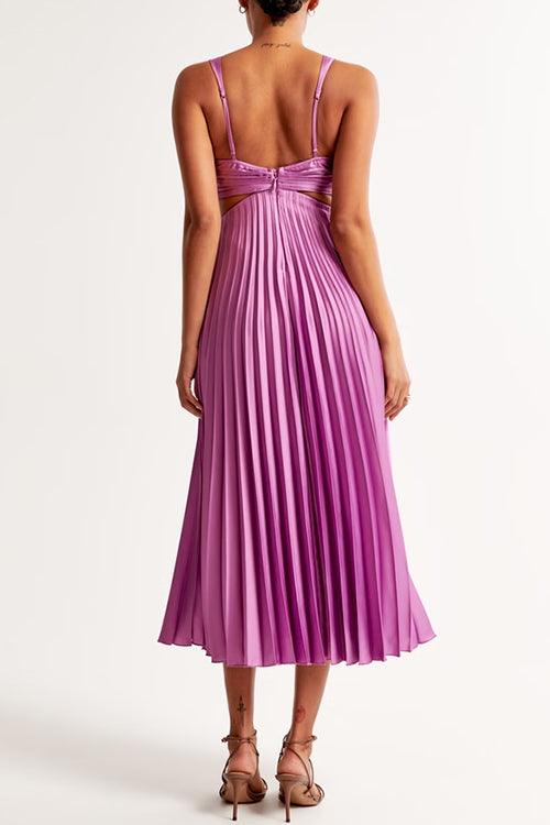 Robe longue plissée sans manches à col en V et taille découpée