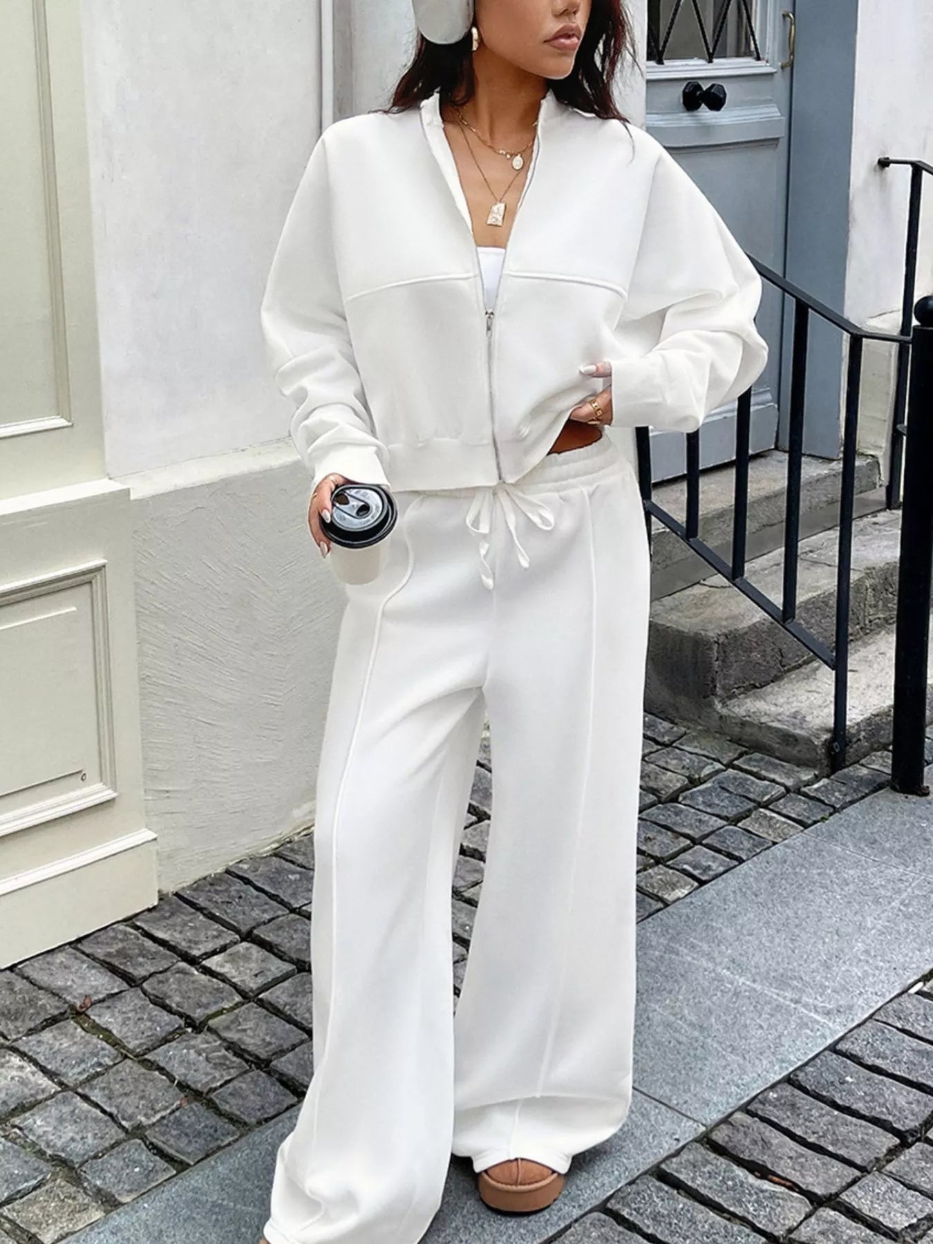 White Zip Up Jacket & Wide Leg Pants Set – Women’s 2-Piece Lounge & Travel Outfit