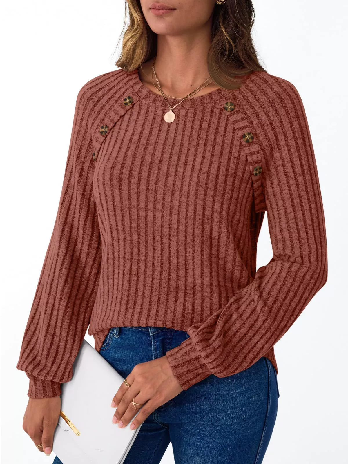 Ribbed Knit Decor Button Long Sleeve T-Shirt