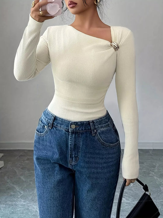 Ribbed Knit Asymmetrical Long Sleeve T-Shirt