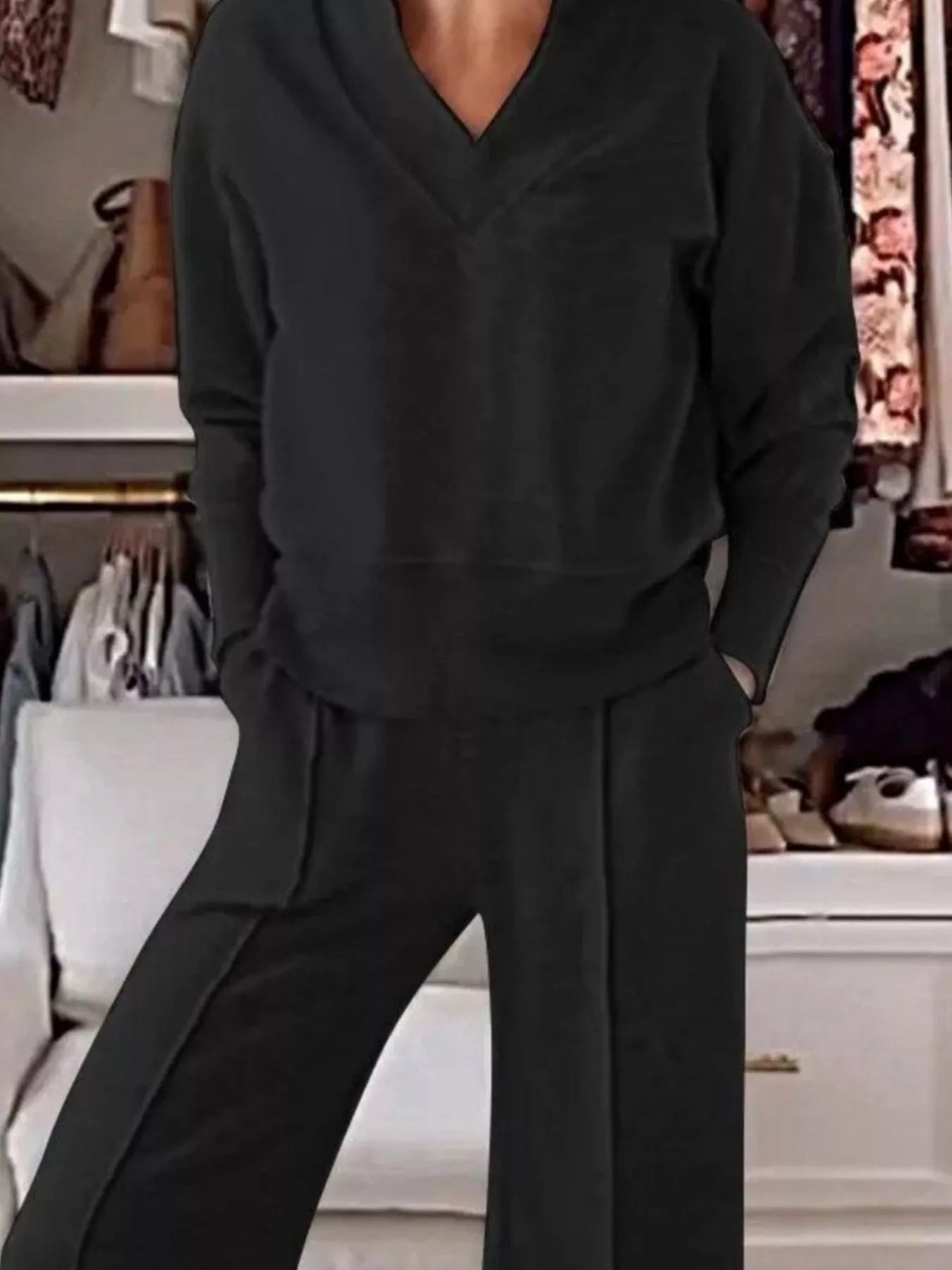 Full Size Cozy V-Neck Top and Pants Set Plus Size